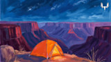 Orange tent on canyon rim at dusk in painted landscape; MeatEater logo top-right