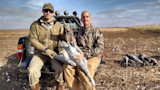 Two hunters on pickup truck tailgate holding shot sandhill cranes in a harvested cornfield