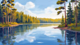 Painting of calm lake reflecting pine trees and blue sky; MeatEater antler logo in top-right