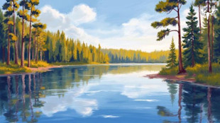 Painting of calm lake reflecting pine trees and blue sky; MeatEater antler logo in top-right
