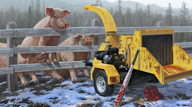 Three pigs behind a wooden fence; yellow wood chipper, bloodied baseball bat and red plaid cap on snowy ground