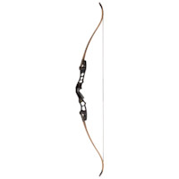 Recurve bow with black metal riser and laminated wood limbs