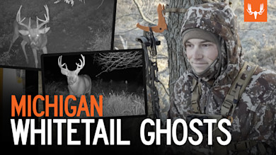 MICHIGAN WHITETAIL GHOSTS — hunter in camo by a tree with bow and inset trail-cam deer images