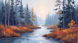 Autumn river winding through pine forest at sunrise, MeatEater skull logo top right