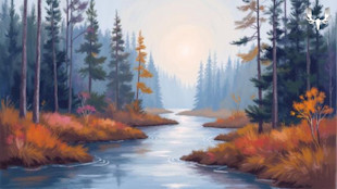 Autumn river winding through pine forest at sunrise, MeatEater skull logo top right
