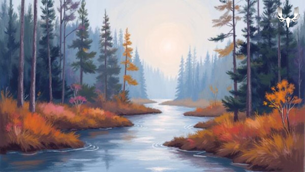 Autumn river winding through pine forest at sunrise, MeatEater skull logo top right