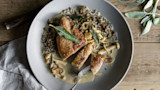 Seared pheasant breast with wild rice, mushrooms and sage in cream sauce on gray plate