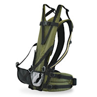 Olive-green hunting pack frame with padded hip belt and adjustable shoulder straps