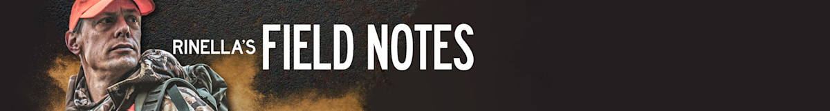 Steven Rinella in orange cap and camouflage jacket with text RINELLA'S FIELD NOTES