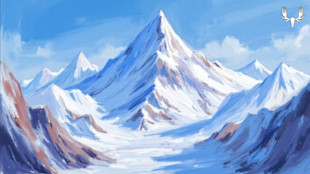 Snowy mountain peaks painted in blue tones under a clear sky, MeatEater antler logo top-right