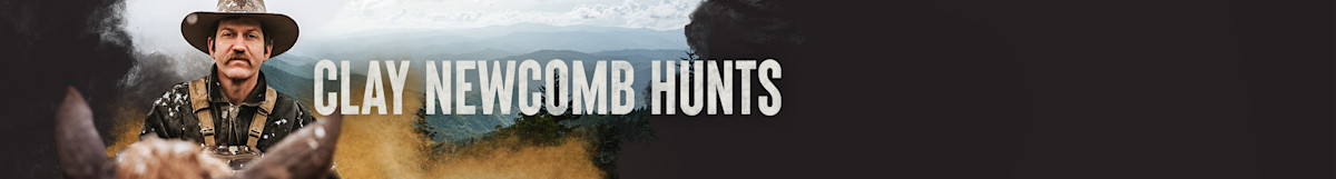 Clay Newcomb wearing hat and camo gear with text CLAY NEWCOMB HUNTS overlay