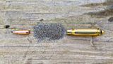 Bullet, loose gunpowder, empty brass cartridge case and primer on wooden plank