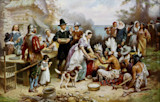 Pilgrims and Native Americans sharing a coastal Thanksgiving meal, woman serving bread