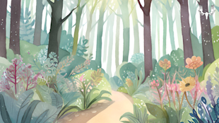 Watercolor woodland with a sunlit winding path, dense leafy plants and colorful wildflowers