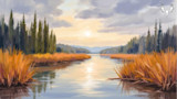 Landscape painting of sunset over marshy river with golden reeds and pine trees; MeatEater logo top-right