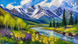 Painted mountain landscape with winding river, yellow and purple wildflowers; MeatEater logo