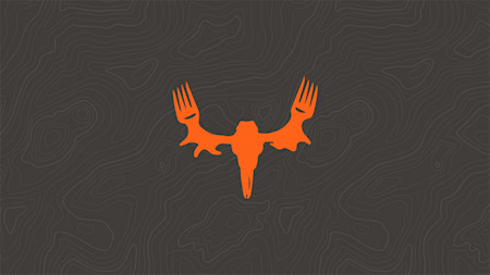 Orange MeatEater logo, skull with fork-shaped antlers on gray topographic background