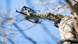 Hunter holding compound bow with TRIAX visible under bare tree branches