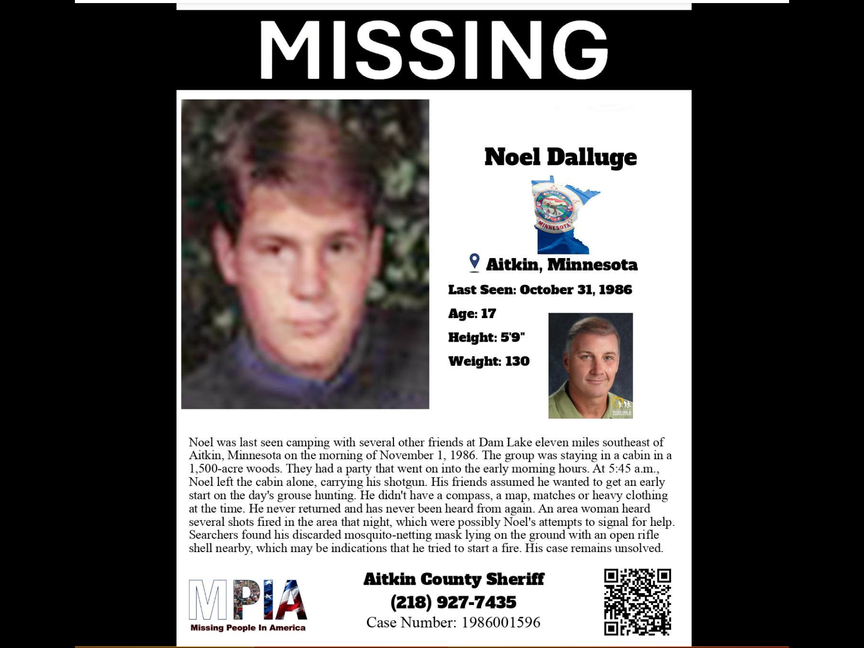 MISSING poster: Noel Dalluge — Aitkin, Minnesota; Last Seen: October 31, 1986