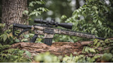 Camouflage AR-style rifle with scope resting on a log in a forest
