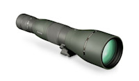 Angled green spotting scope with large objective lens and ribbed focus rings