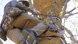 Hunter climbing a tree using rope, carabiner, and safety strap; pack patch PHANTOM.