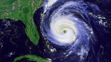 Hurricane swirling in the Atlantic east of Florida, satellite view
