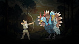 Gnome archer aiming a bow at a two-headed turkey monster in a forest sunset