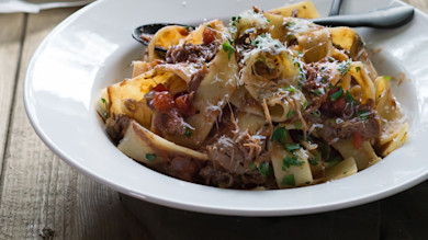 Braised venison-neck ragu with pappardelle, grated cheese and parsley in white bowl