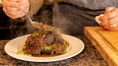 Steaming braised duck piled on white plate with sauce and sliced green onions, person spooning gravy