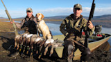 Two hunters with yellow lab and shotguns, row of ducks on boat at lakeshore