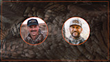 Two circular portraits of men in hunting gear over closeup turkey feathers