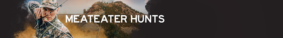 Hunter in camouflage drawing a bow beside MEATEATER HUNTS text over mountain landscape