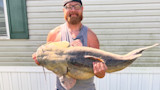 Man with glasses and red beard holding huge catfish in front of vinyl house siding