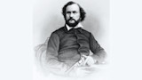 Engraving of 19th-century bearded man seated, holding a revolver
