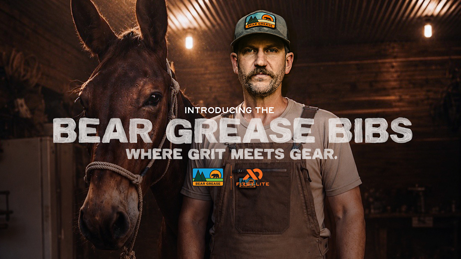 INTRODUCING THE BEAR GREASE BIBS WHERE GRIT MEETS GEAR; bearded man in cap beside horse in barn