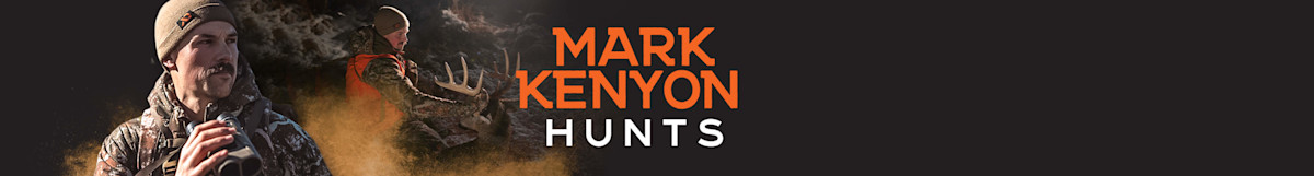 Hunter in camouflage holding binoculars, inset hunter with antlers, text 'MARK KENYON HUNTS'