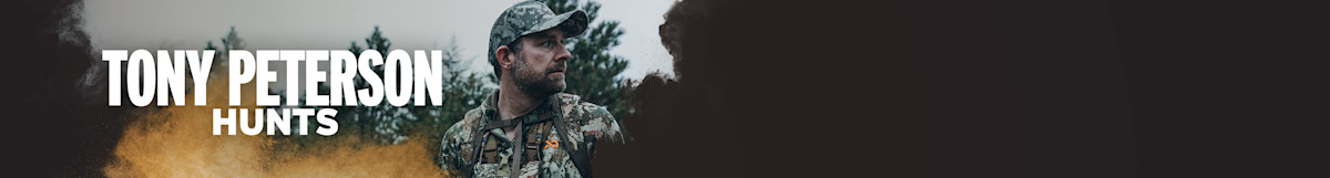 TONY PETERSON HUNTS text overlay; hunter in camouflage jacket and cap looking right