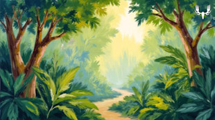 Illustrated sunlit forest path framed by green foliage; MeatEater logo top-right
