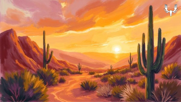 Desert sunset illustration with saguaro cacti, winding dirt path, and MeatEater antler logo