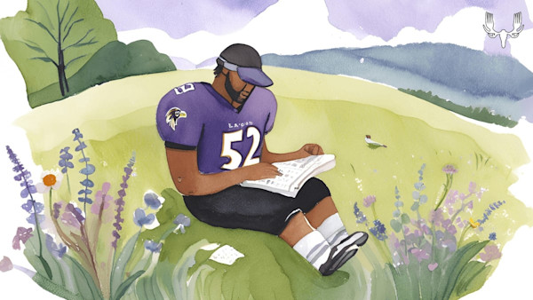 Football player in purple #52 jersey sitting in meadow solving crossword, MeatEater logo