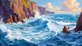 Painted seascape of waves crashing against rocky coastal cliffs