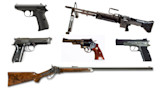 Seven firearms on white background: pistols, revolver, light machine gun, long wood-stock rifle