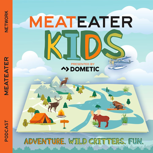 MEATEATER KIDS — PRESENTED BY DOMETIC. Map with tent, campfire, elk, moose. ADVENTURE. WILD CRITTERS. FUN.