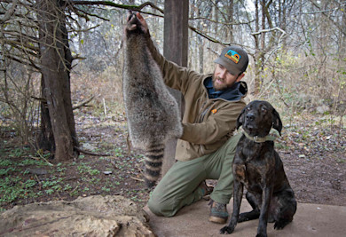 Clay Newcomb kneeling in woods holding a raccoon by hind legs, dog beside him, hat reads BEAR GREASE
