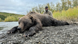 Downed brown bear on riverbank with hunter kneeling and smiling behind it