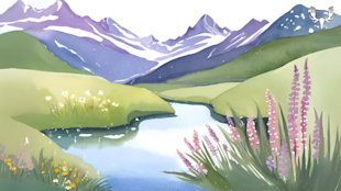 Watercolor mountain valley with river, green hills and pink lupine flowers
