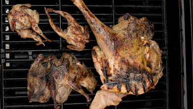 Spatchcocked game birds on a grill grate — three small birds and one large split bird