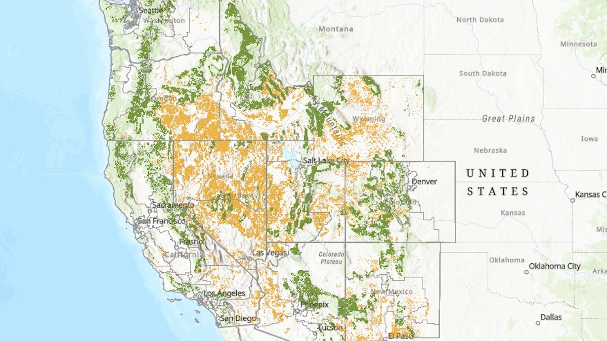Western US map labeled UNITED STATES with green and orange land cover overlays
