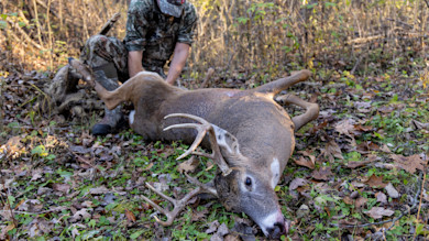 Dead buck with antlers on forest floor, hunter in camo kneeling behind it